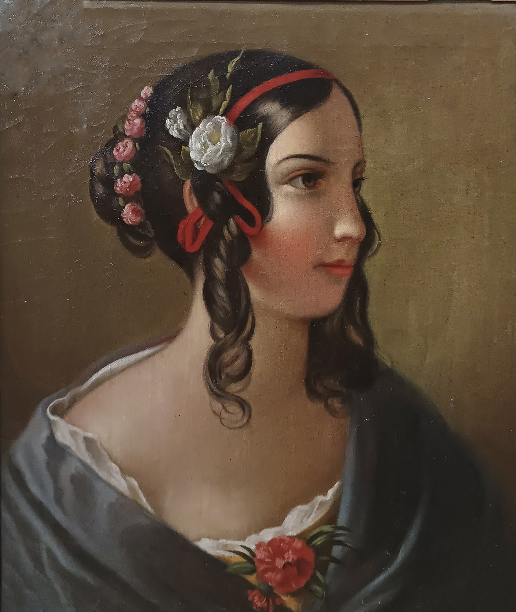 PORTRAIT D'UNE JEUNE FILLE HUILE SUR TOILE MILIEU DU 19ème SIÈCLE-photo-3