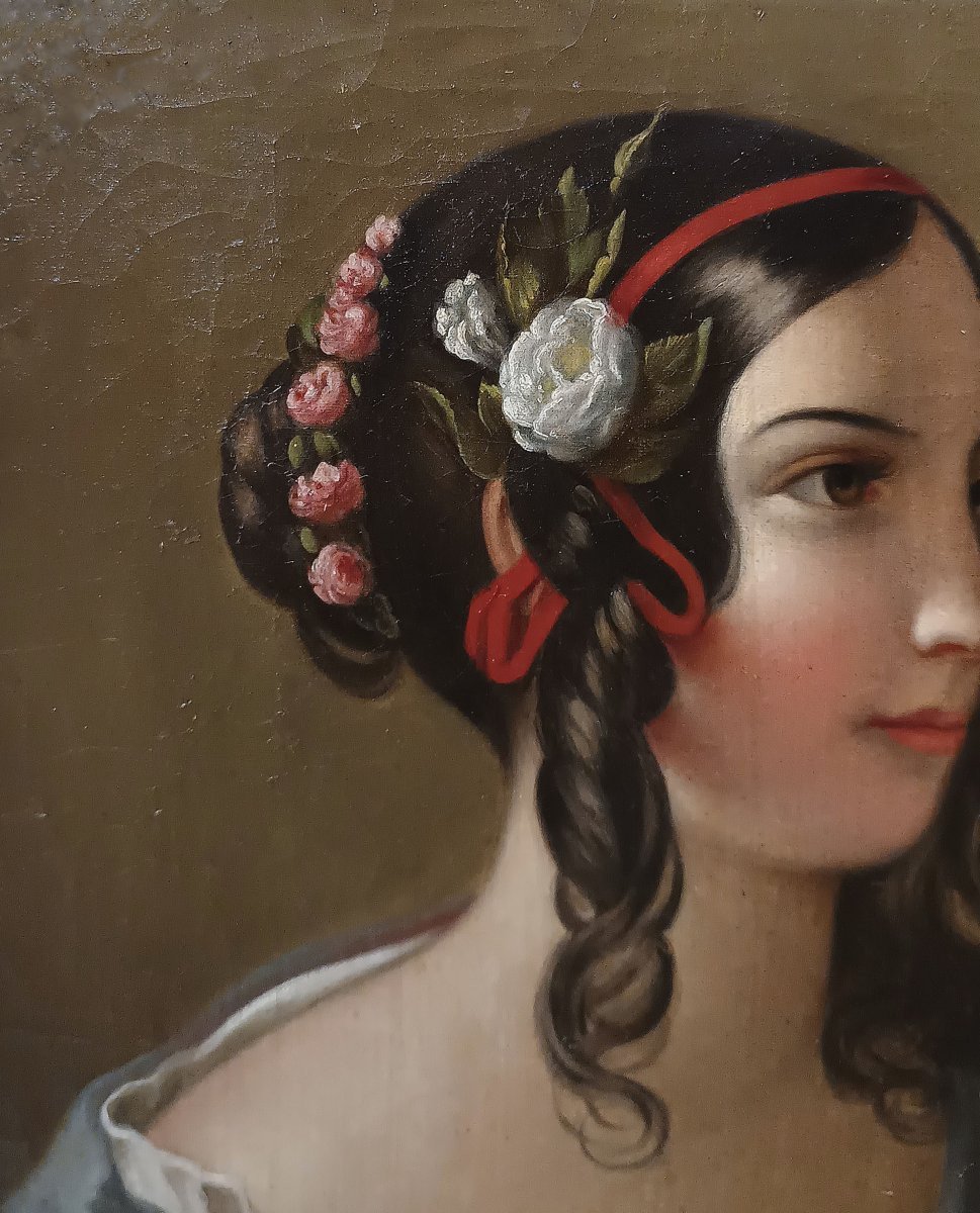 PORTRAIT D'UNE JEUNE FILLE HUILE SUR TOILE MILIEU DU 19ème SIÈCLE-photo-4