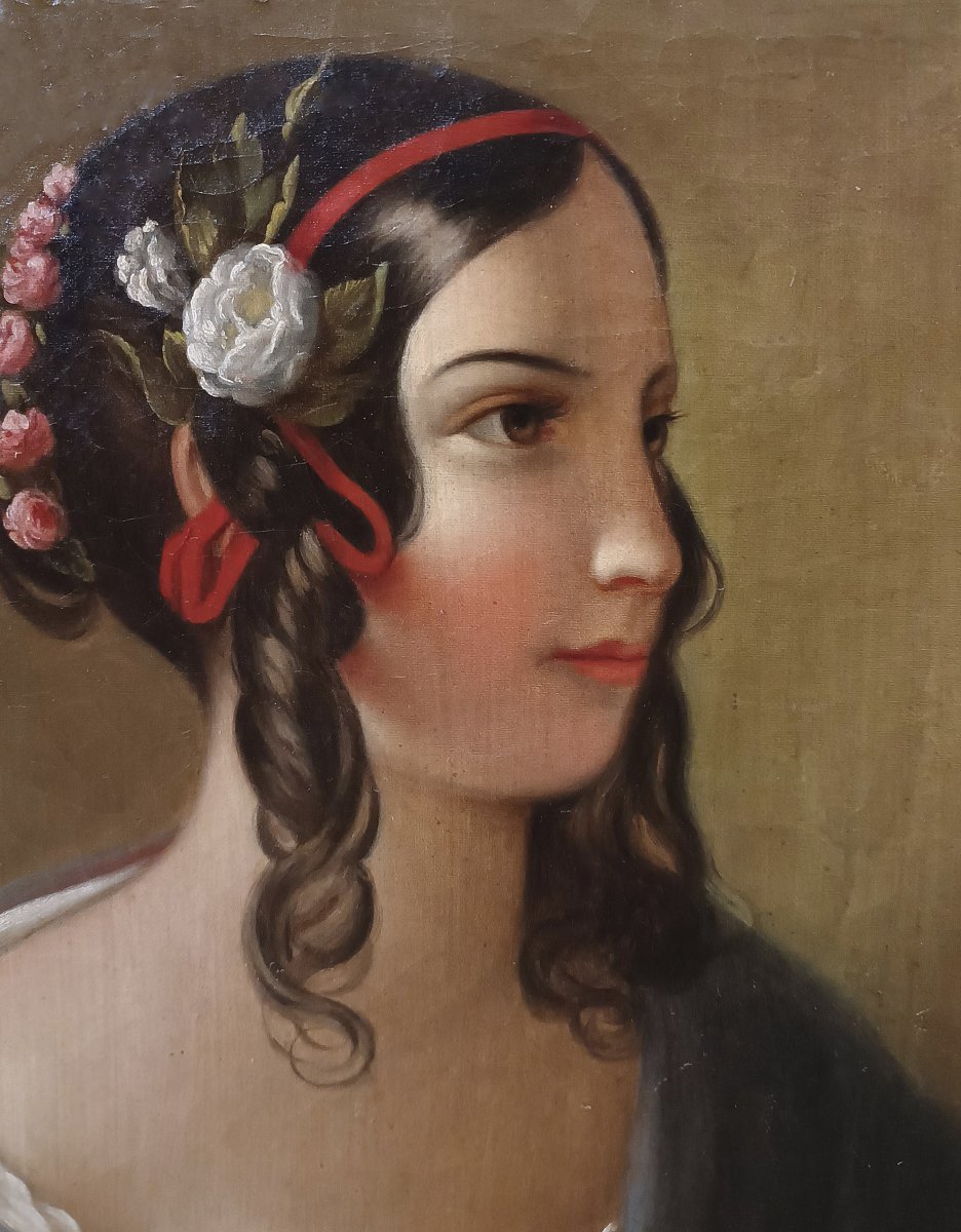 PORTRAIT D'UNE JEUNE FILLE HUILE SUR TOILE MILIEU DU 19ème SIÈCLE-photo-1