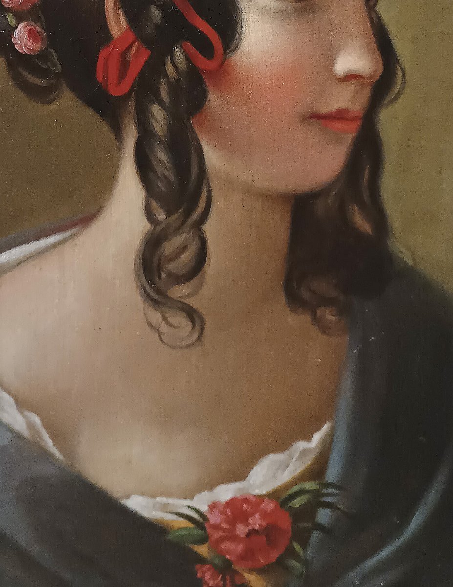 PORTRAIT D'UNE JEUNE FILLE HUILE SUR TOILE MILIEU DU 19ème SIÈCLE-photo-2