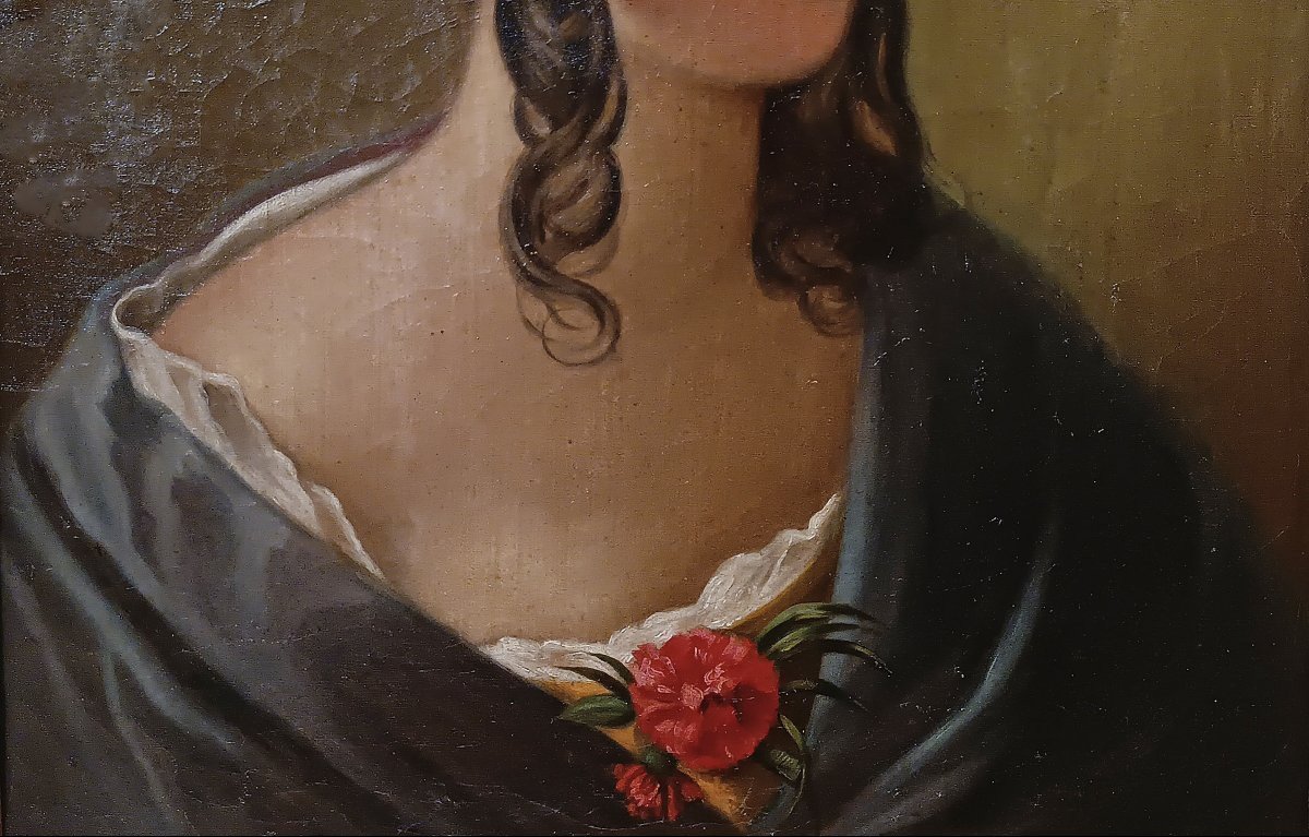PORTRAIT D'UNE JEUNE FILLE HUILE SUR TOILE MILIEU DU 19ème SIÈCLE-photo-3