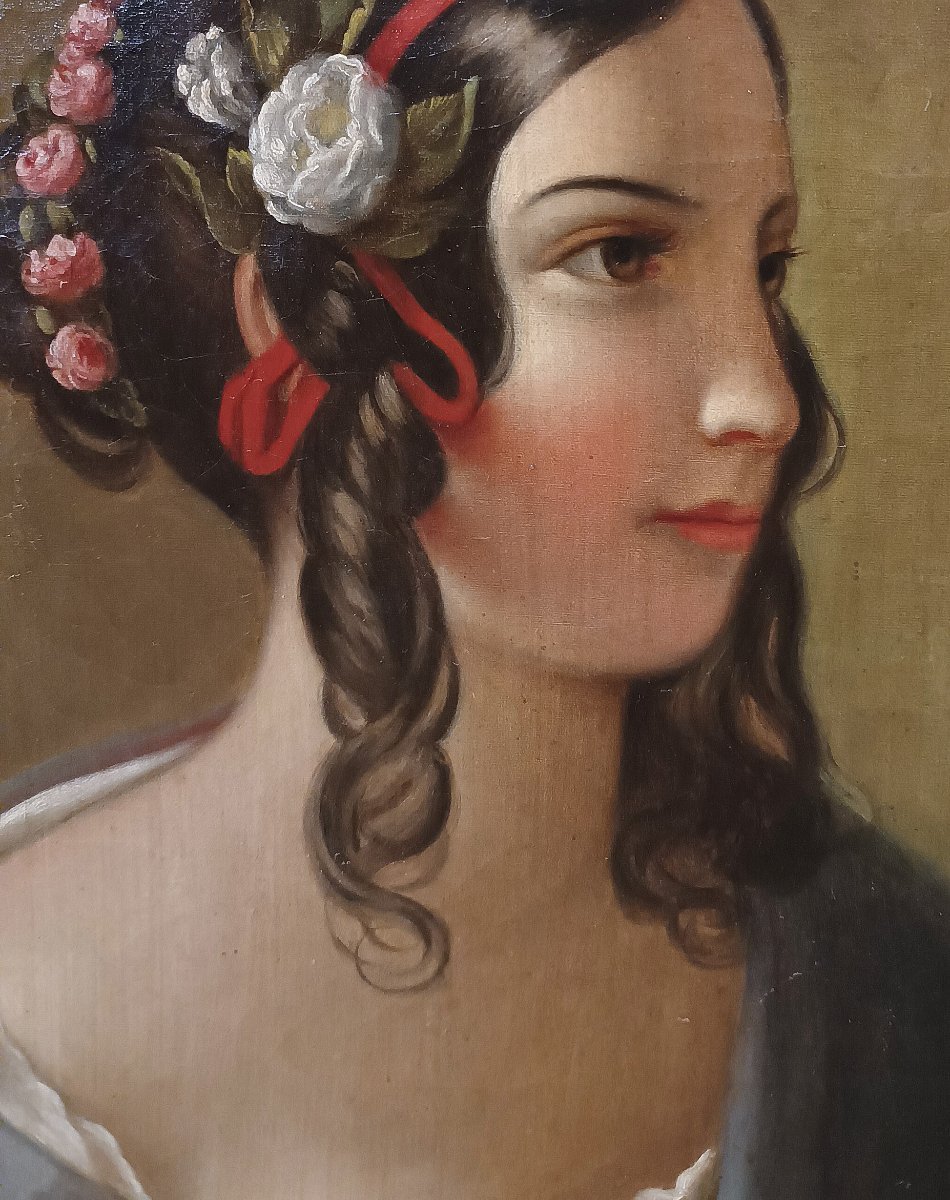 PORTRAIT D'UNE JEUNE FILLE HUILE SUR TOILE MILIEU DU 19ème SIÈCLE-photo-4