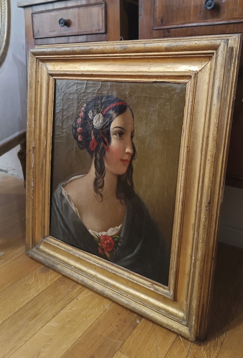 PORTRAIT D'UNE JEUNE FILLE HUILE SUR TOILE MILIEU DU 19ème SIÈCLE-photo-5