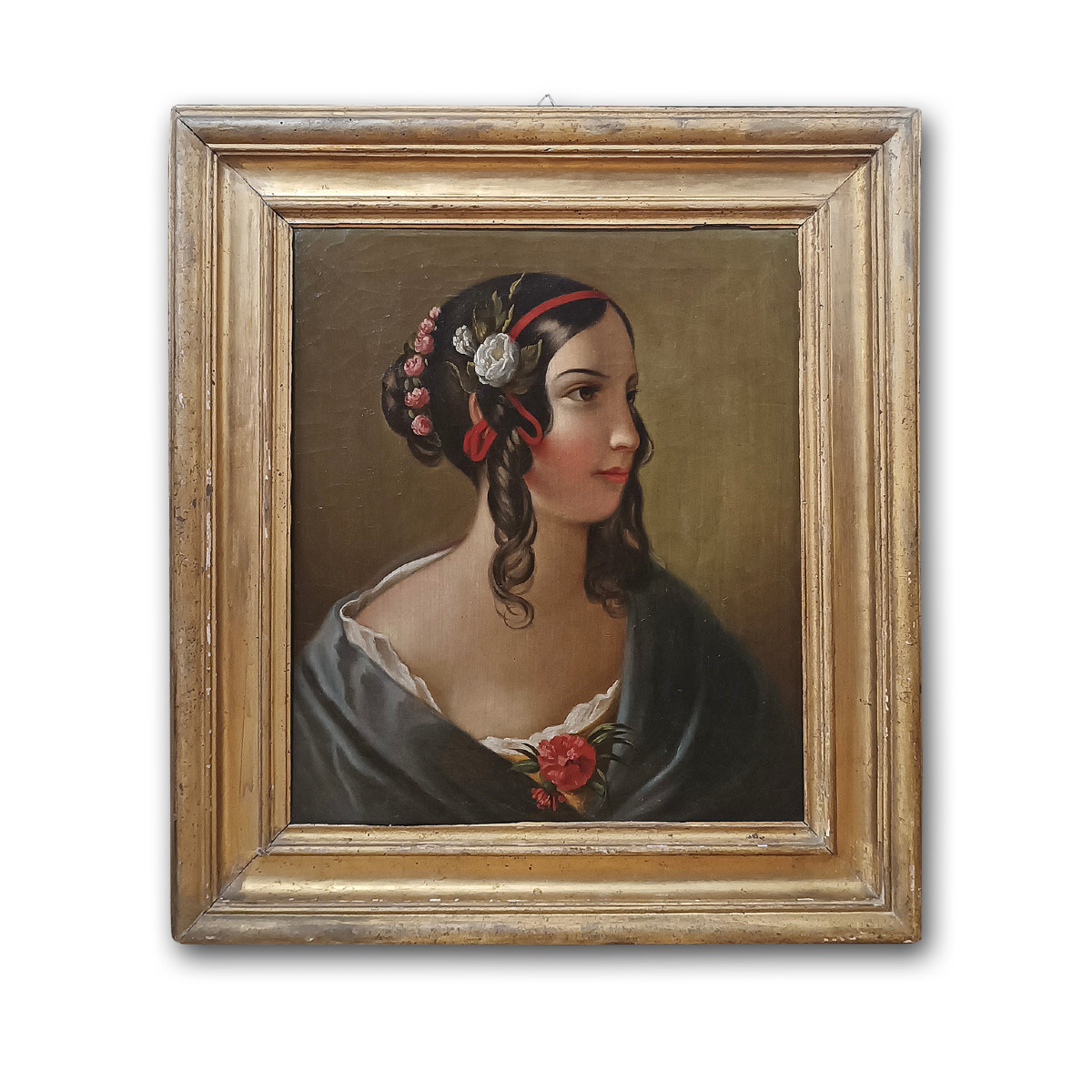 PORTRAIT D'UNE JEUNE FILLE HUILE SUR TOILE MILIEU DU 19ème SIÈCLE
