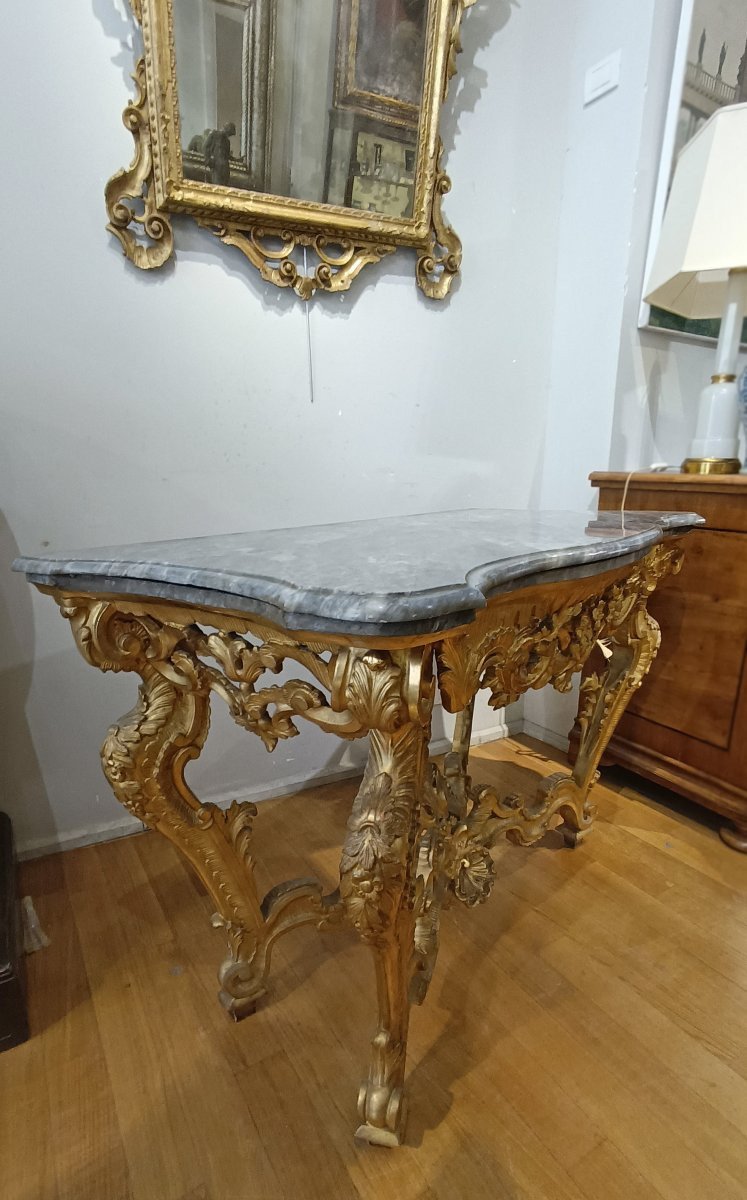 CONSOLLE LOUIS XV EN BOIS DORÉ ET MARBRE BARDIGLIO 18ème SIÈCLE-photo-2