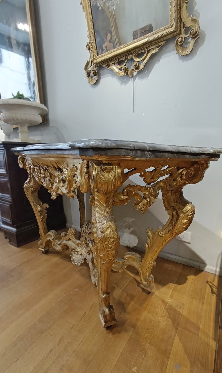 CONSOLLE LOUIS XV EN BOIS DORÉ ET MARBRE BARDIGLIO 18ème SIÈCLE-photo-3