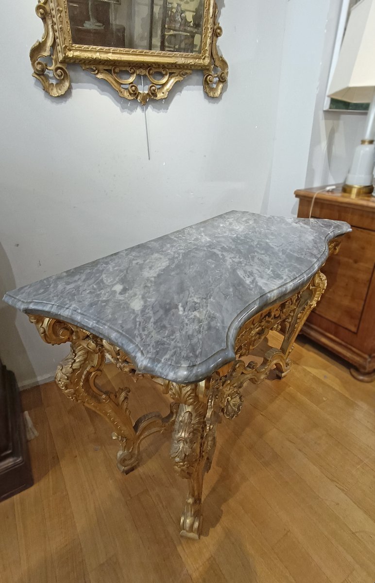 CONSOLLE LOUIS XV EN BOIS DORÉ ET MARBRE BARDIGLIO 18ème SIÈCLE-photo-4