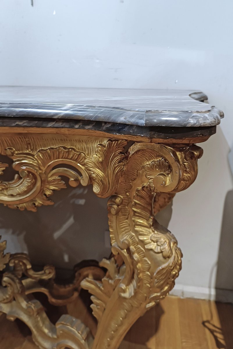 CONSOLLE LOUIS XV EN BOIS DORÉ ET MARBRE BARDIGLIO 18ème SIÈCLE-photo-3