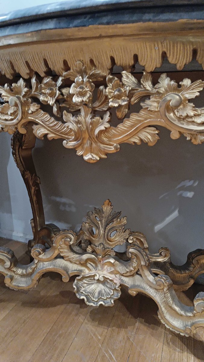 CONSOLLE LOUIS XV EN BOIS DORÉ ET MARBRE BARDIGLIO 18ème SIÈCLE-photo-4
