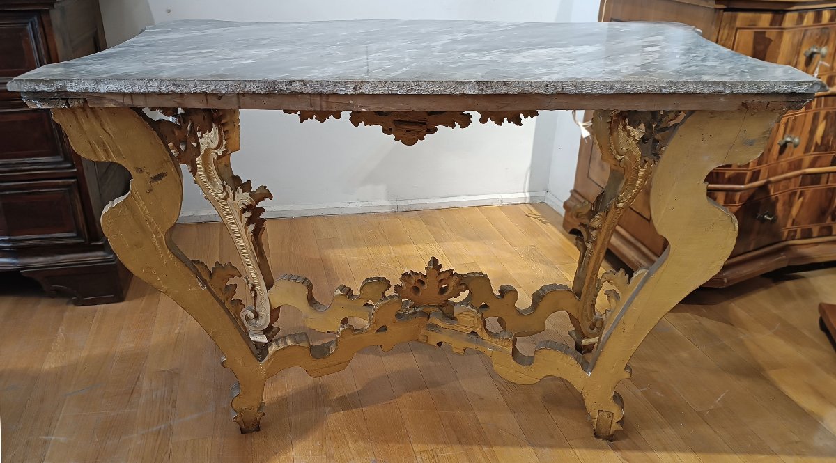 CONSOLLE LOUIS XV EN BOIS DORÉ ET MARBRE BARDIGLIO 18ème SIÈCLE-photo-5