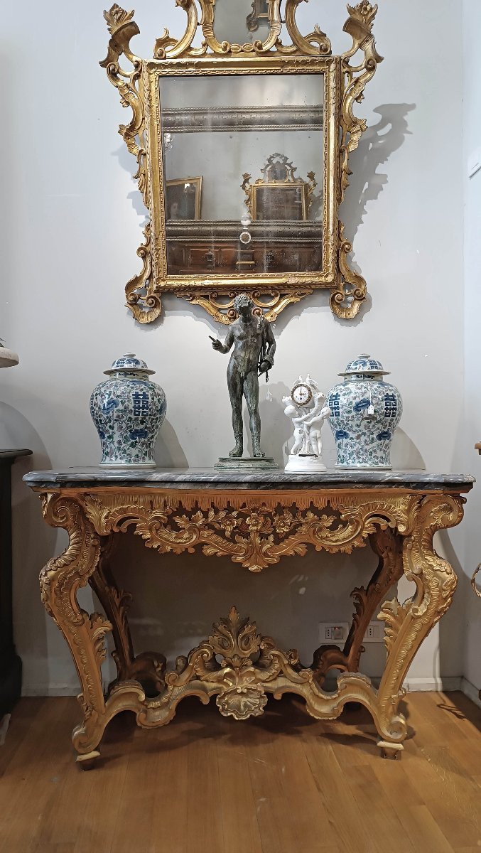 CONSOLLE LOUIS XV EN BOIS DORÉ ET MARBRE BARDIGLIO 18ème SIÈCLE-photo-6