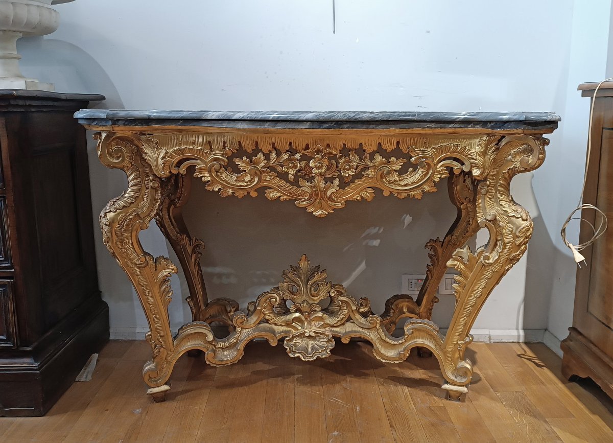 CONSOLLE LOUIS XV EN BOIS DORÉ ET MARBRE BARDIGLIO 18ème SIÈCLE-photo-7