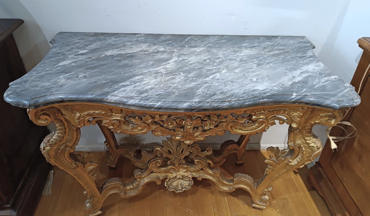 CONSOLLE LOUIS XV EN BOIS DORÉ ET MARBRE BARDIGLIO 18ème SIÈCLE-photo-8