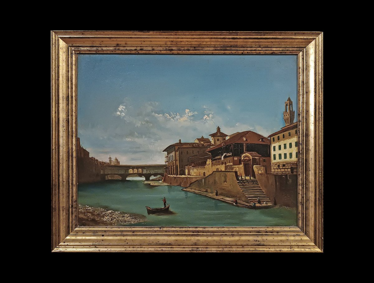 TABLEAU AVEC PAYSAGE FLORENTIN SECONDE MOITIÉ DU 19ème SIÈCLE-photo-2