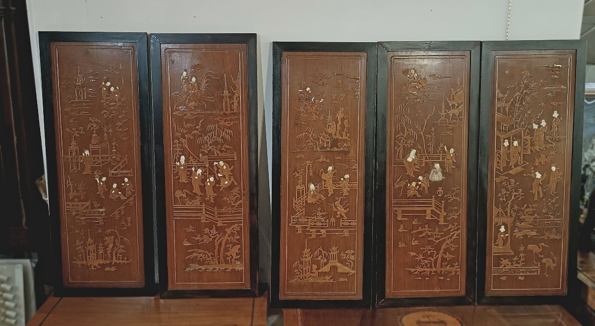 CINQ PANNEAUX EN BOIS SCULPTÉ QING MILIEU DU 19ème SIÈCLE-photo-2