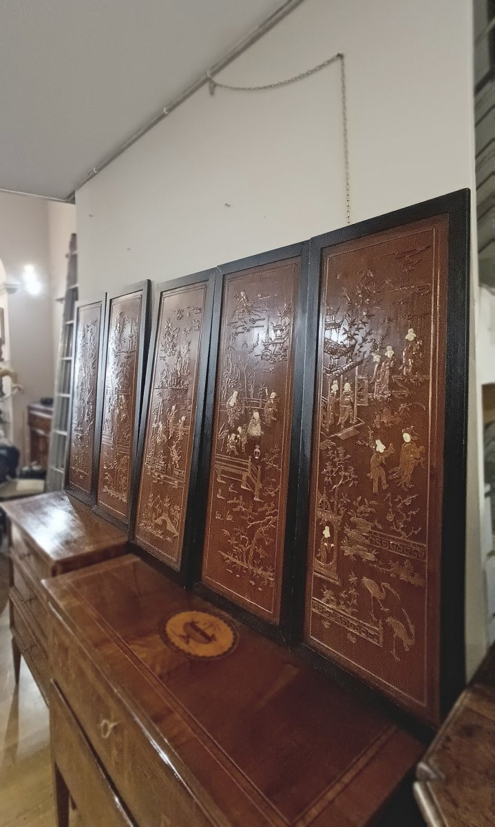 CINQ PANNEAUX EN BOIS SCULPTÉ QING MILIEU DU 19ème SIÈCLE-photo-4