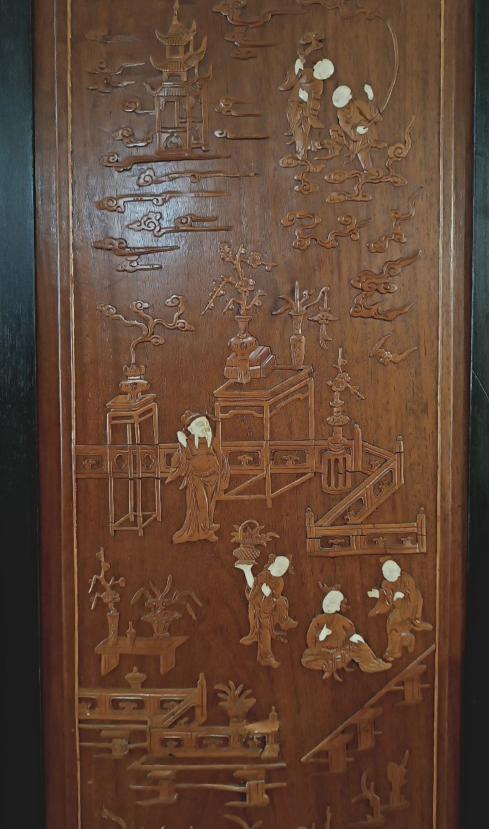 CINQ PANNEAUX EN BOIS SCULPTÉ QING MILIEU DU 19ème SIÈCLE-photo-1