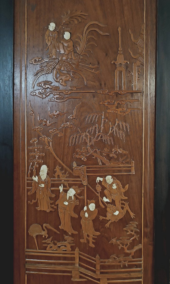 CINQ PANNEAUX EN BOIS SCULPTÉ QING MILIEU DU 19ème SIÈCLE-photo-2