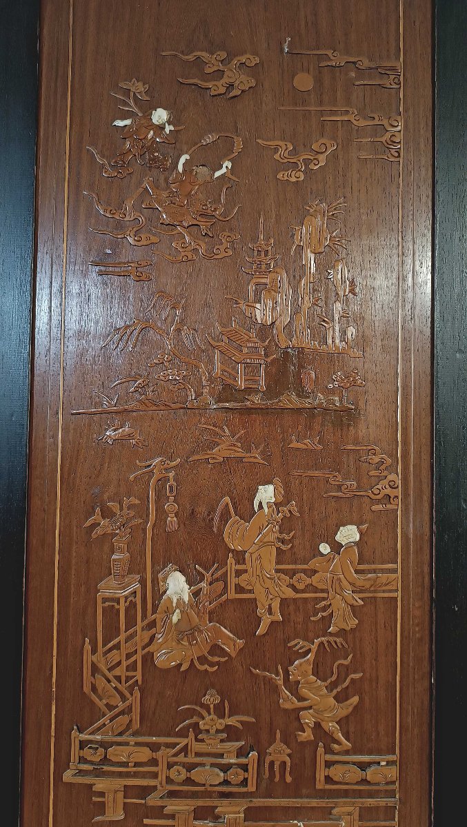 CINQ PANNEAUX EN BOIS SCULPTÉ QING MILIEU DU 19ème SIÈCLE-photo-3