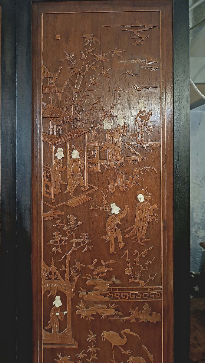CINQ PANNEAUX EN BOIS SCULPTÉ QING MILIEU DU 19ème SIÈCLE-photo-4
