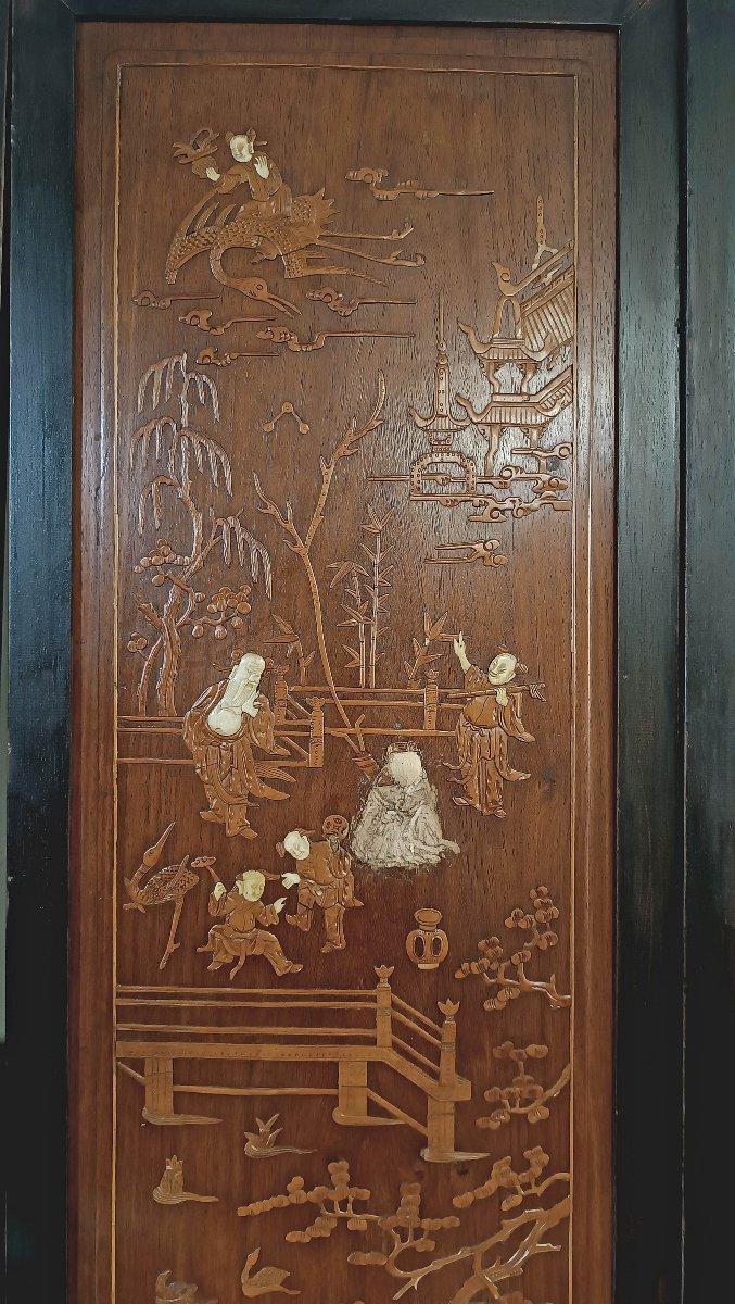 CINQ PANNEAUX EN BOIS SCULPTÉ QING MILIEU DU 19ème SIÈCLE-photo-5
