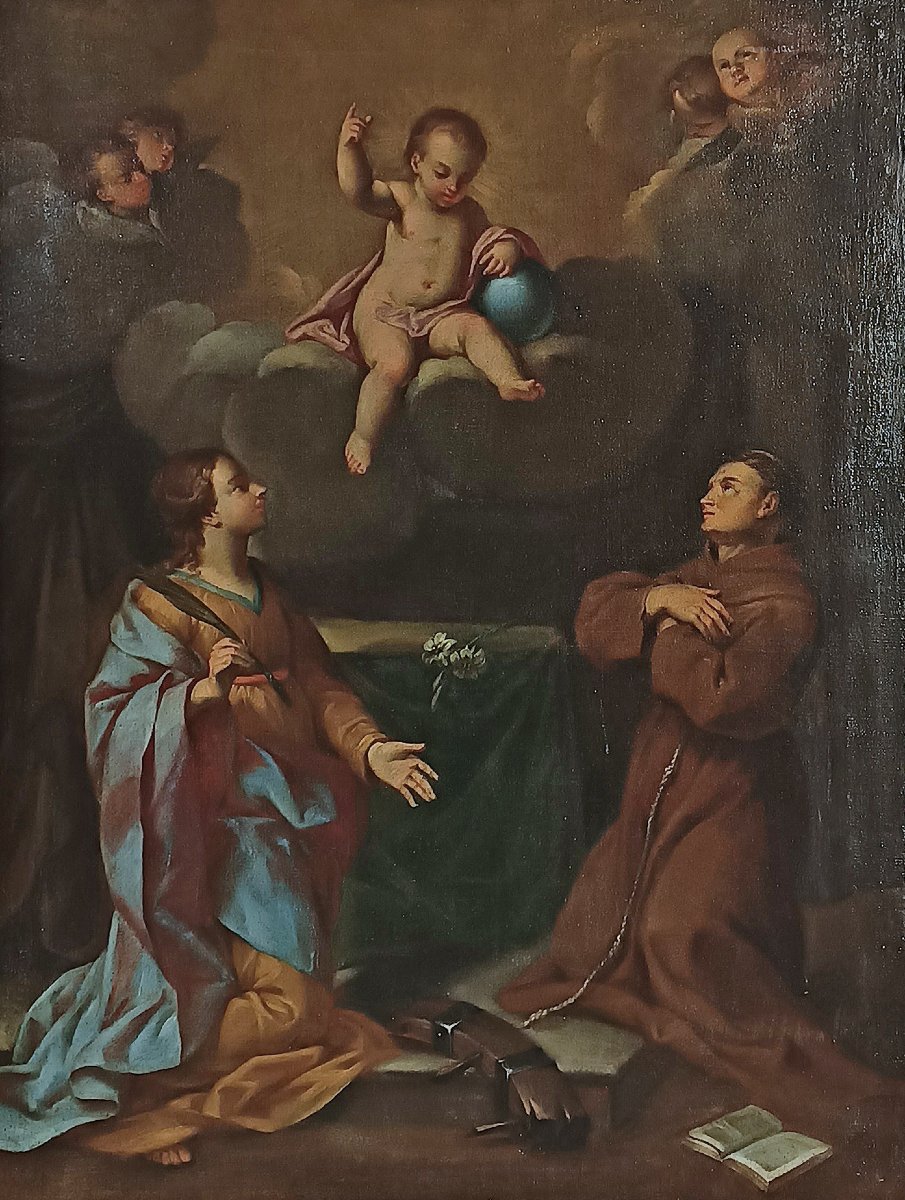 Early 18th Century Oil Painting On Canvas With Adoration Of Saints-photo-2