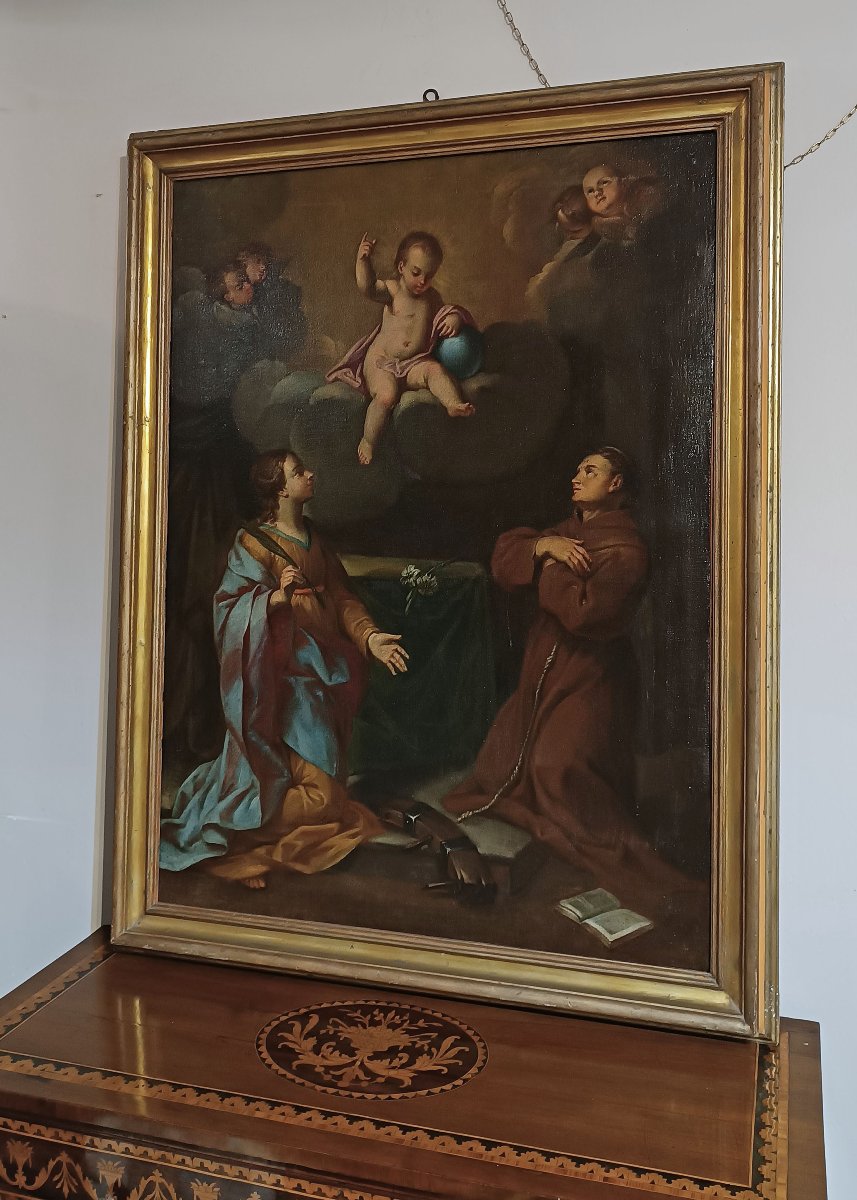 Early 18th Century Oil Painting On Canvas With Adoration Of Saints-photo-7