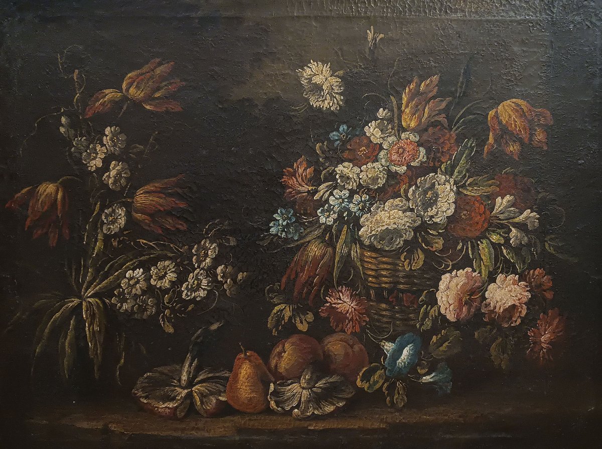 Late 17th Century Pair Of Paintings With Flowers And Fruit-photo-2