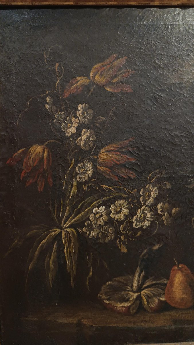 Late 17th Century Pair Of Paintings With Flowers And Fruit-photo-1