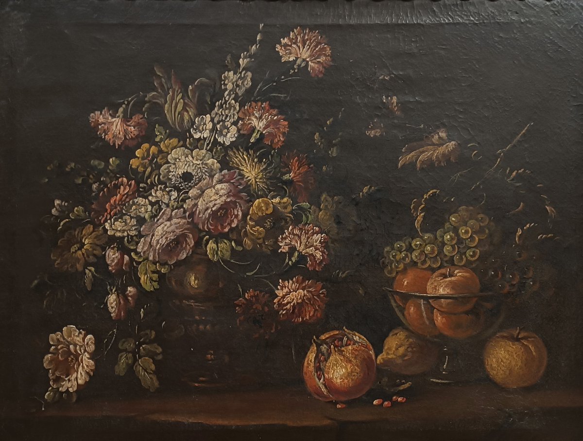 Late 17th Century Pair Of Paintings With Flowers And Fruit-photo-2