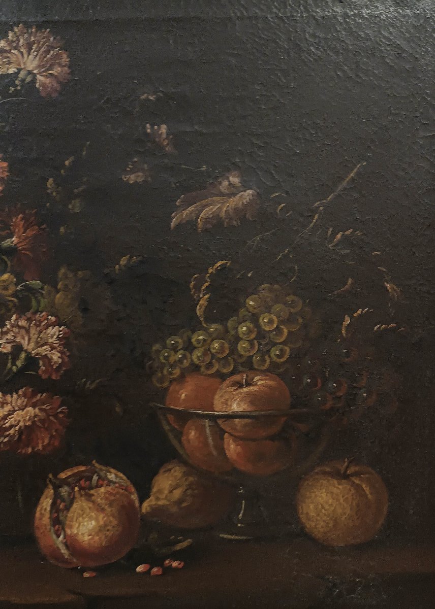 Late 17th Century Pair Of Paintings With Flowers And Fruit-photo-4