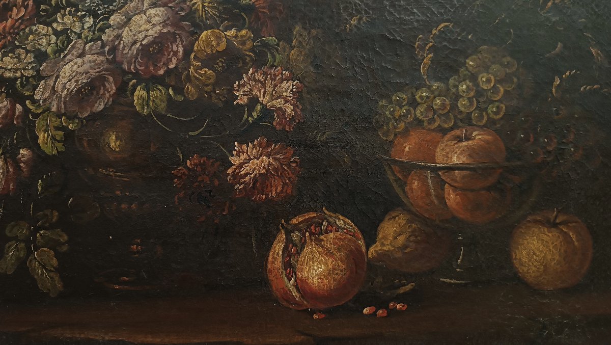 Late 17th Century Pair Of Paintings With Flowers And Fruit-photo-5