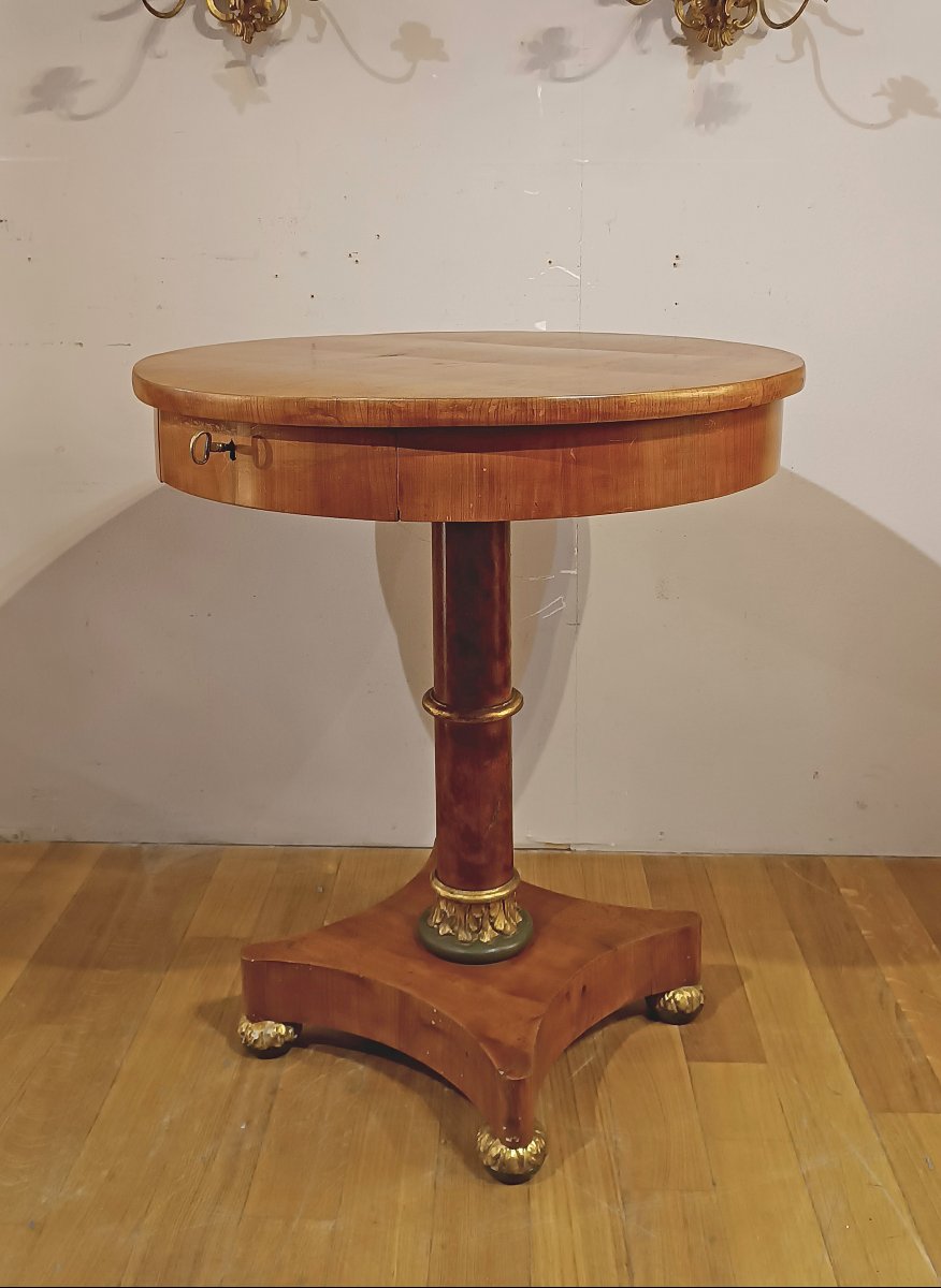 TABLE D'APPOINT EMPIRE EN PLACAGE DE MERISIER DEBUT DU 19ème SIECLE-photo-2