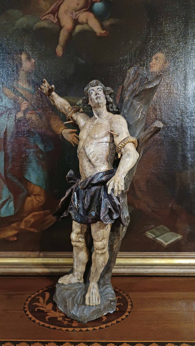 SCULPTURE EN BOIS PEINTE DE SAINT SÉBASTIEN MILIEU DU 18ème SIÈCLE-photo-3
