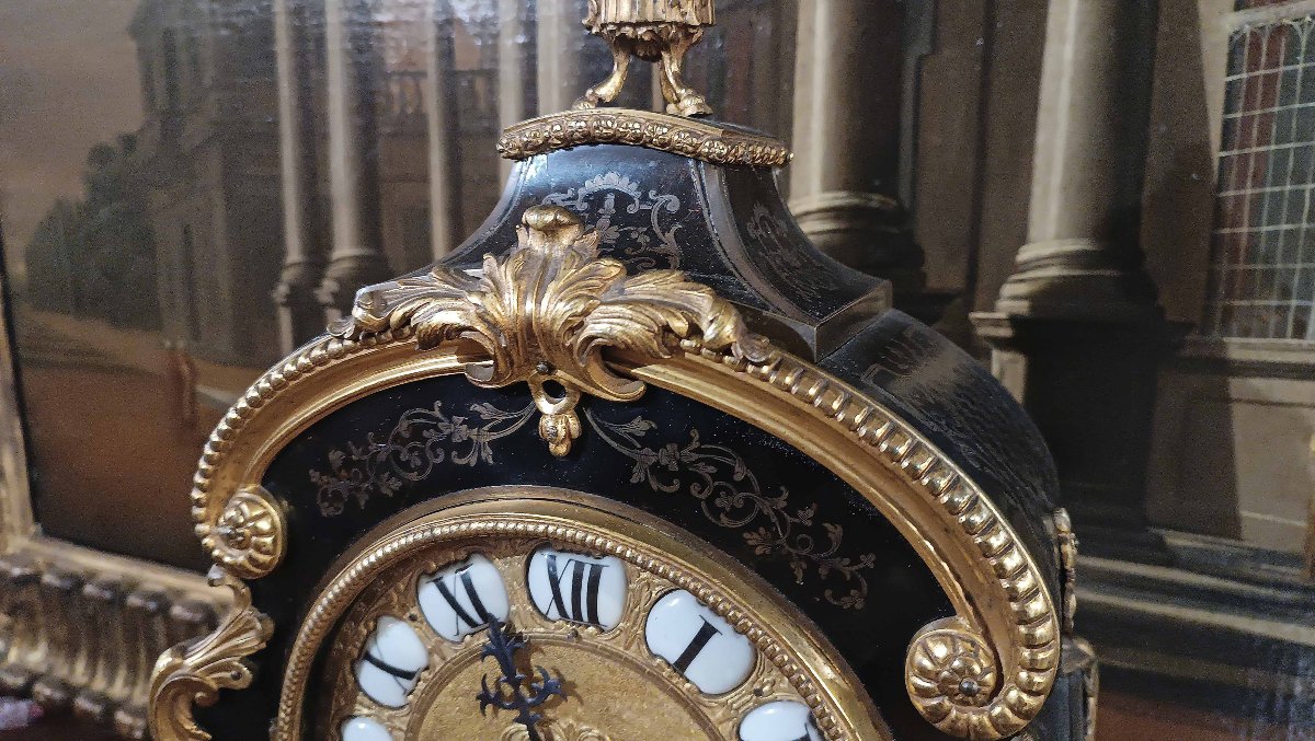 Mid-19th Century Louis XV Style Clock In Gilt Bronze And Inlays-photo-7