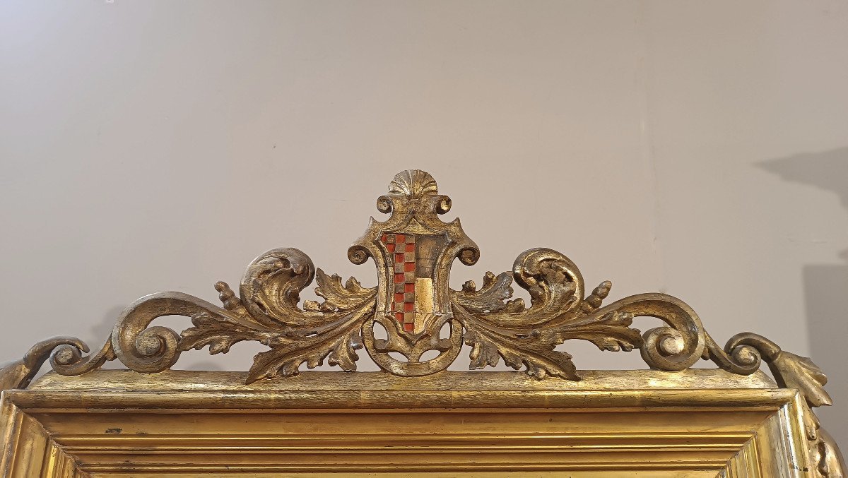 MIROIR DORÉ AVEC BLASON NOBLE DU DÉBUT DU 19ème SIÈCLE-photo-1