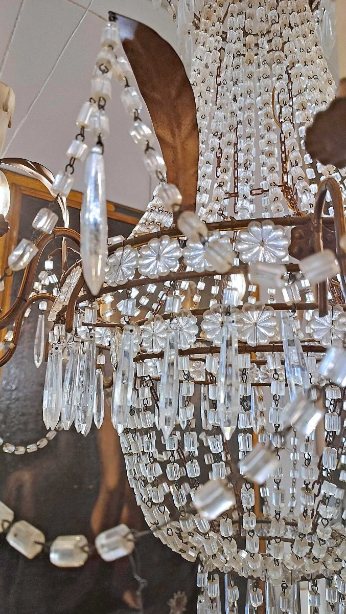 Early 19th Century Basket Chandelier In Crystals And Gilded Iron -photo-3