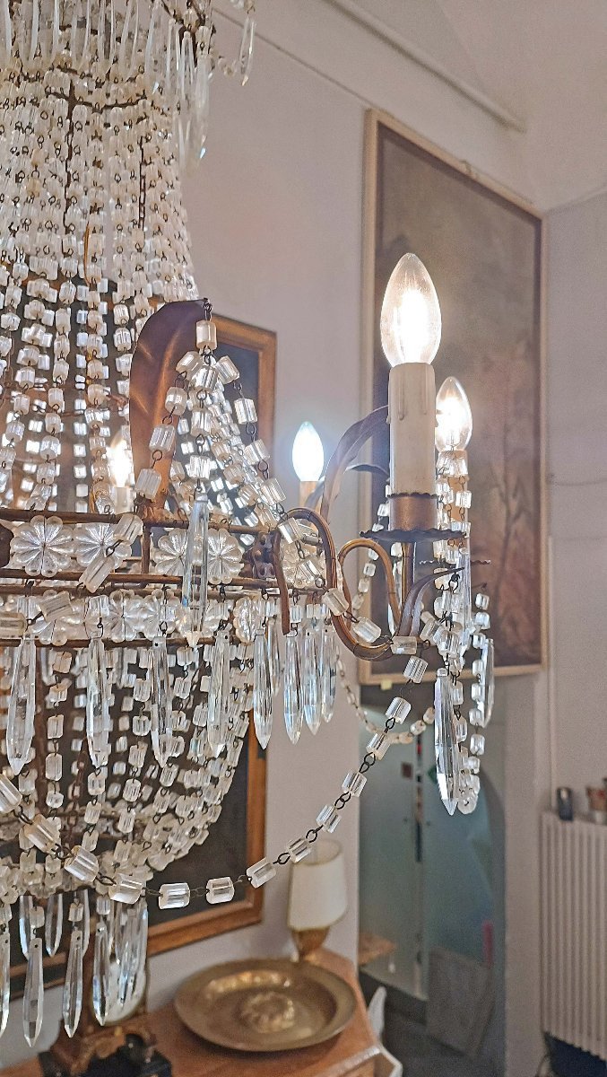 Early 19th Century Basket Chandelier In Crystals And Gilded Iron -photo-2