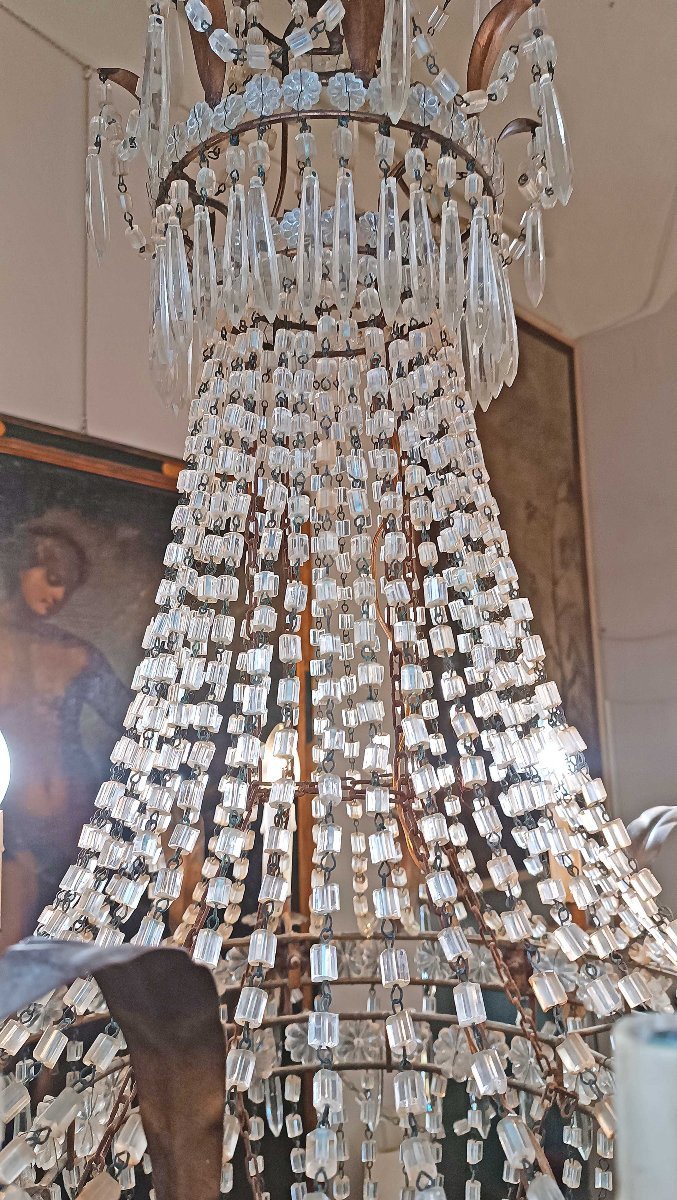 Early 19th Century Basket Chandelier In Crystals And Gilded Iron -photo-4