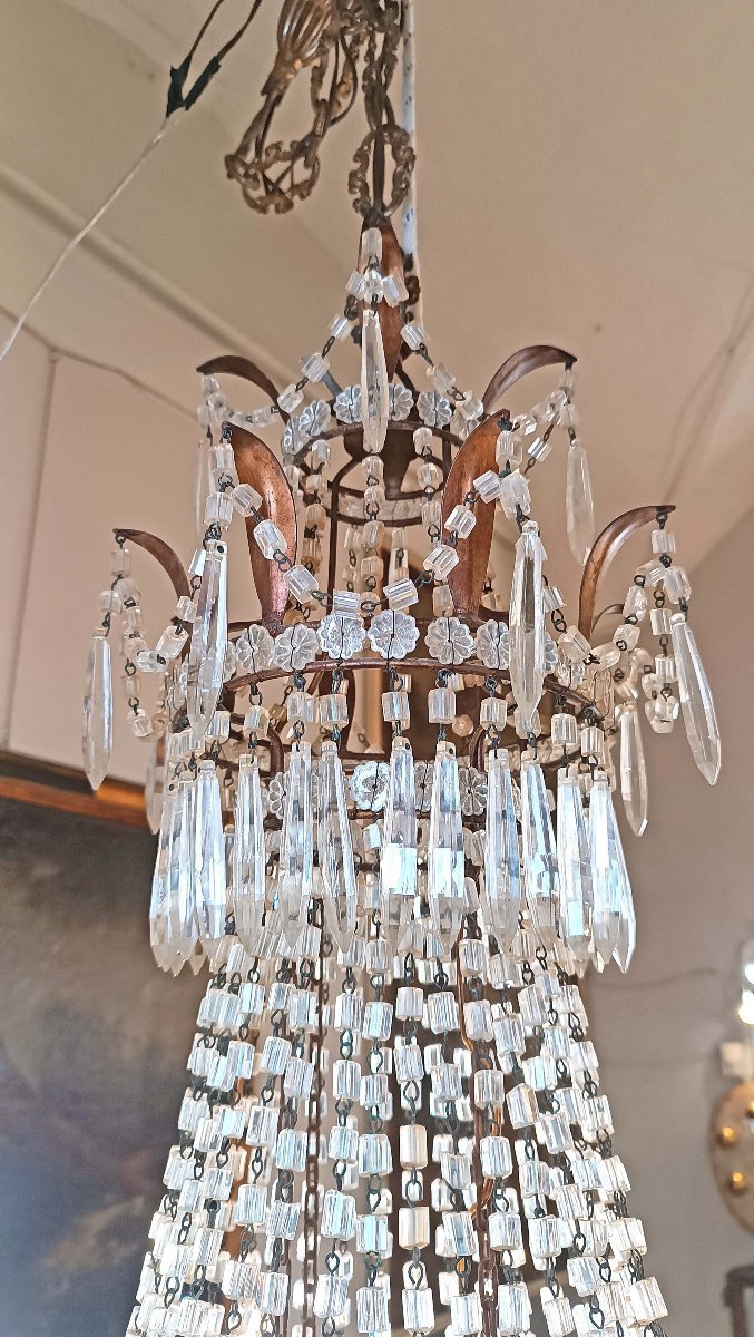 Early 19th Century Basket Chandelier In Crystals And Gilded Iron -photo-5