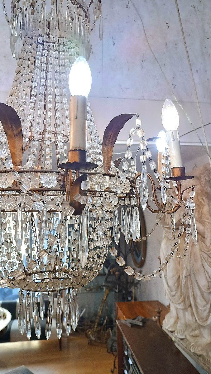 Early 19th Century Basket Chandelier In Crystals And Gilded Iron -photo-8