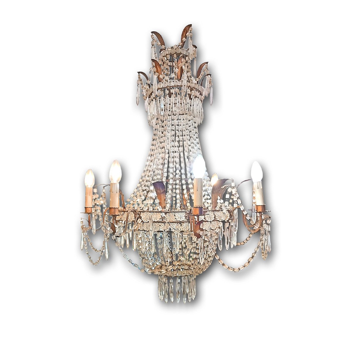 Early 19th Century Basket Chandelier In Crystals And Gilded Iron 