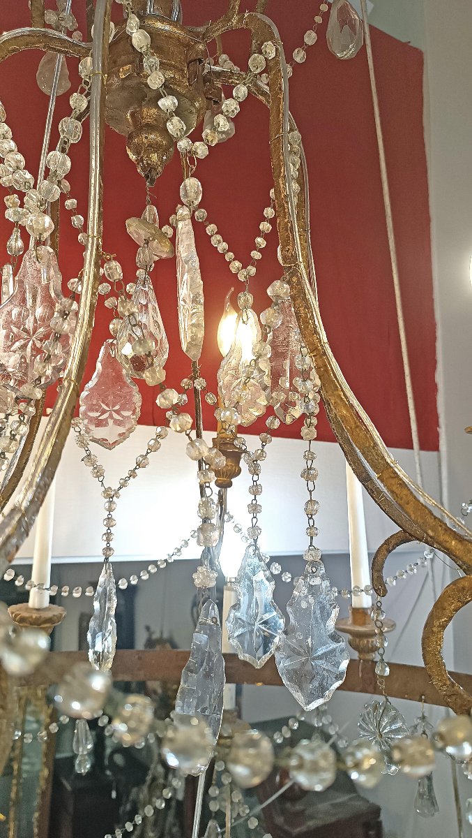 LUSTRE LOUIS XV EN FER DORÉ ET CRISTAUX MILIEU DU 18ème SIÈCLE-photo-2