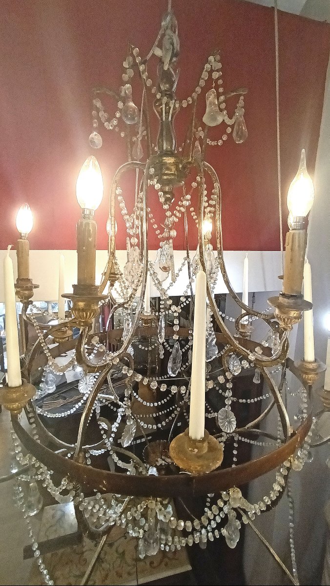 LUSTRE LOUIS XV EN FER DORÉ ET CRISTAUX MILIEU DU 18ème SIÈCLE-photo-7