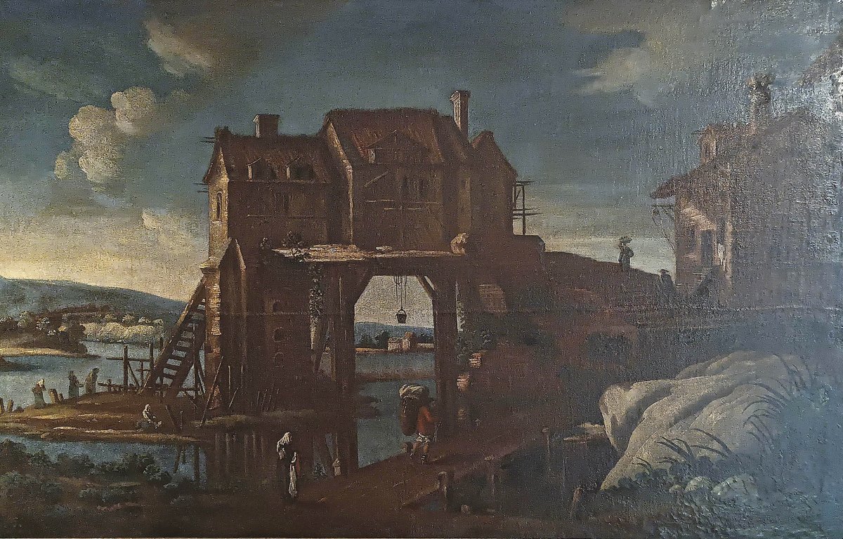GRAND TABLEAU AVEC PAYSAGE ET PERSONNAGES FIN DU 17ème SIÈCLE-photo-2
