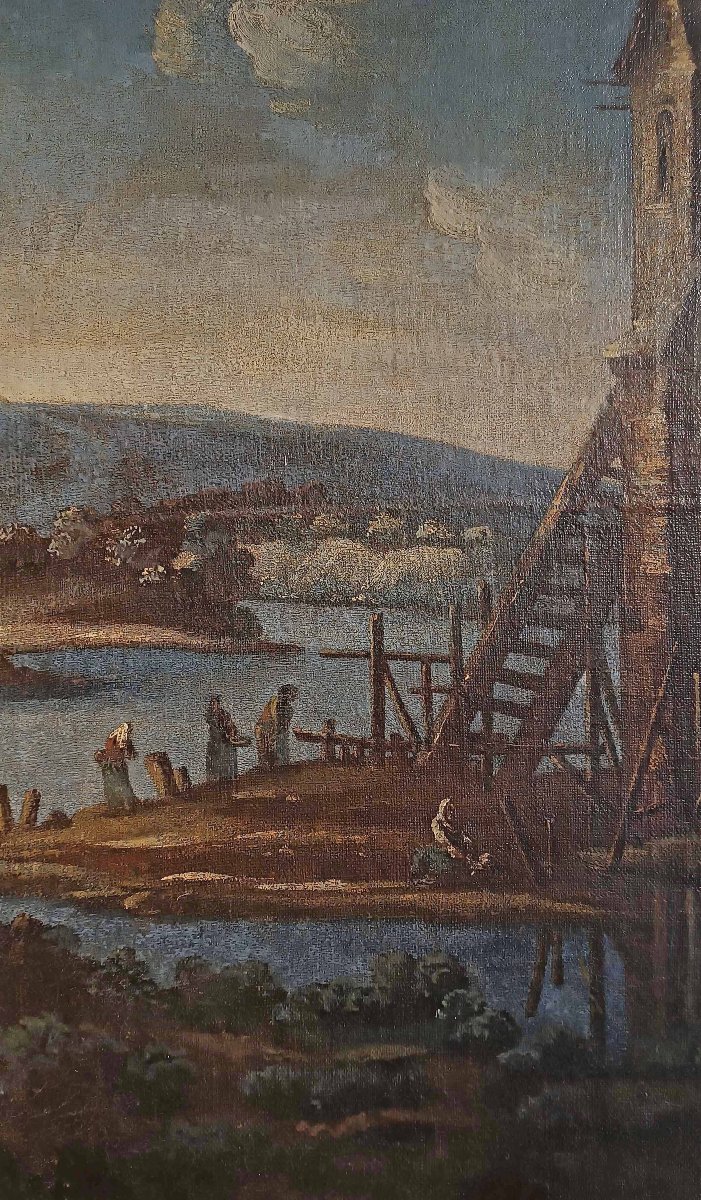 GRAND TABLEAU AVEC PAYSAGE ET PERSONNAGES FIN DU 17ème SIÈCLE-photo-2