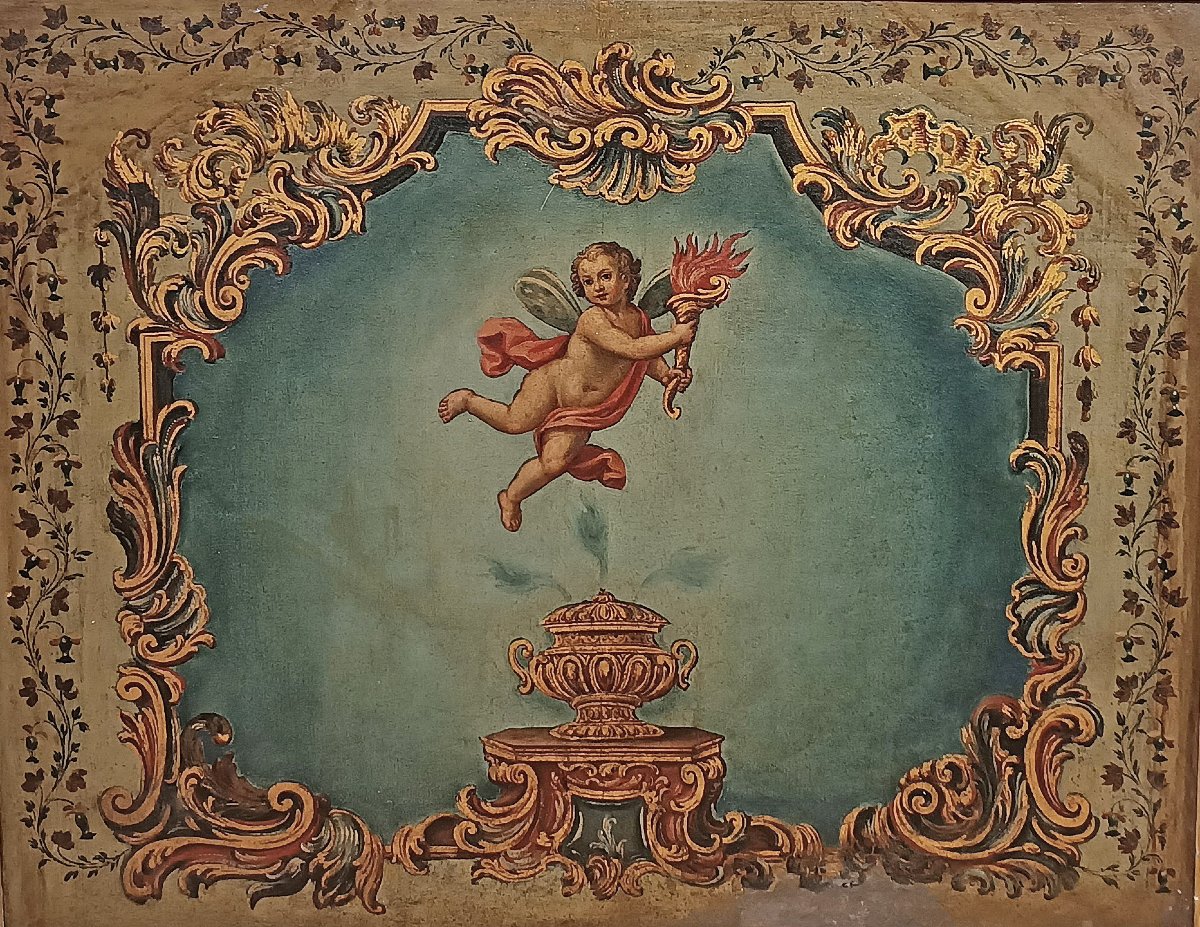 TABLEAU ALLÉGORIE D'UN PUTTO AILÉ FIN DU 18ème SIÈCLE-photo-2