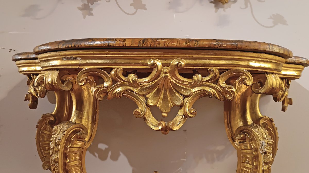 CONSOLE EN BOIS DORE STYLE LOUIS XV MILIEU DU 18ème SIECLE-photo-1