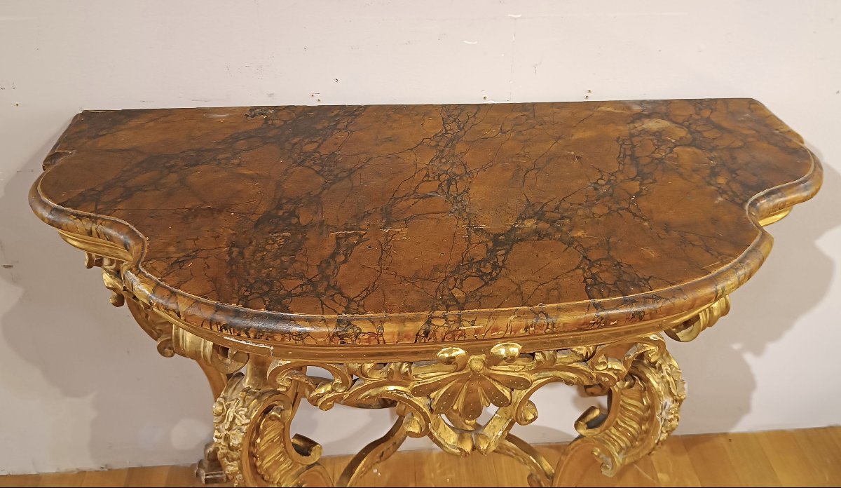 CONSOLE EN BOIS DORE STYLE LOUIS XV MILIEU DU 18ème SIECLE-photo-3