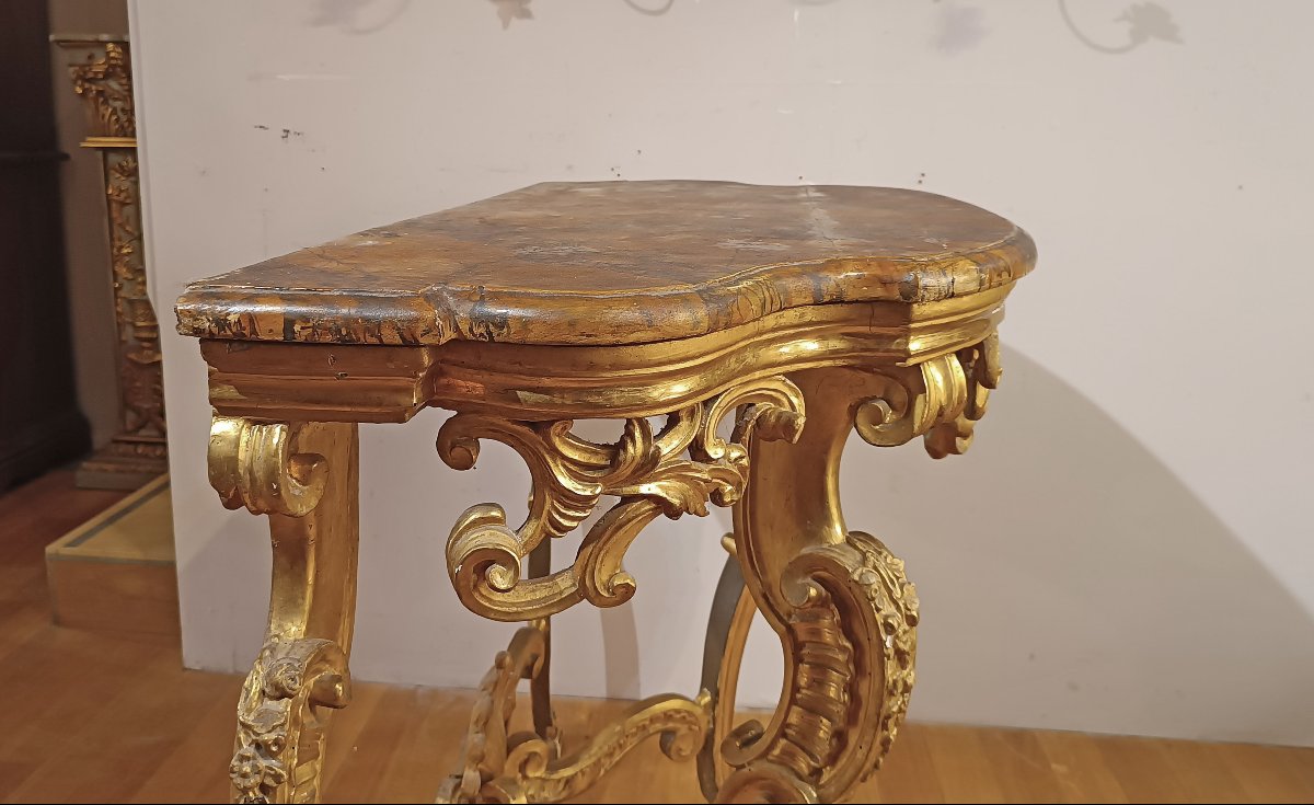CONSOLE EN BOIS DORE STYLE LOUIS XV MILIEU DU 18ème SIECLE-photo-4